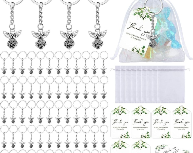 60 Pcs Angel Keychain Favors with Thank You Tags and Organza Bags