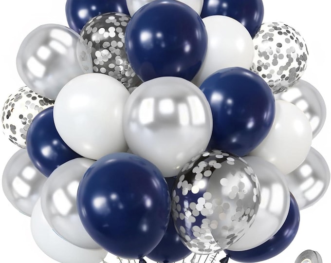 Navy Blue and Silver Balloon Set – 50pc 12” Latex Balloons with Metallic & Confetti Mix