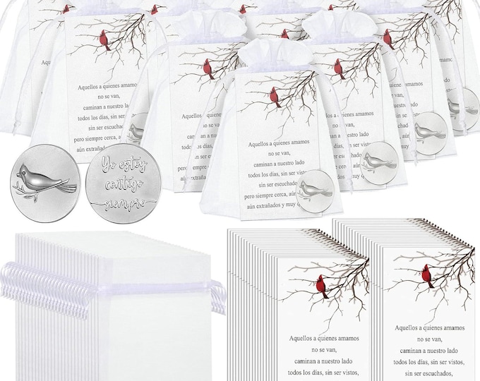 75 Pcs Spanish Memorial Cardinal Tokens with Poem Cards and Organza Bags