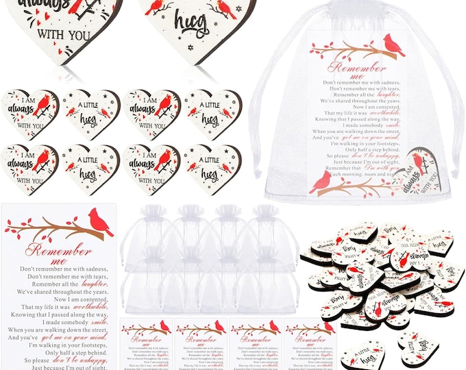 120 Pcs Cardinal Memorial Heart Tokens with Cards and Organza Bags