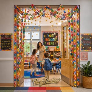 May include: A classroom doorway decorated with colorful paper chain garlands and hanging gold stars. The door frame features vibrant red, orange, yellow, green, blue, and purple links. Signs on the walls display text including Welcome, You Belong Here, Be Kind, Be Curious, Be You, and We Shine Together.