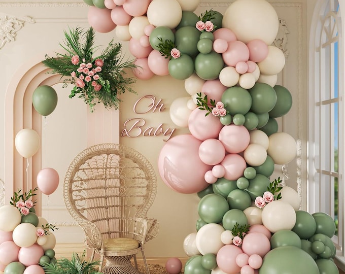 Pink Sage Green Balloon Arch Kit 141pcs Baby in Bloom Garland Decor
