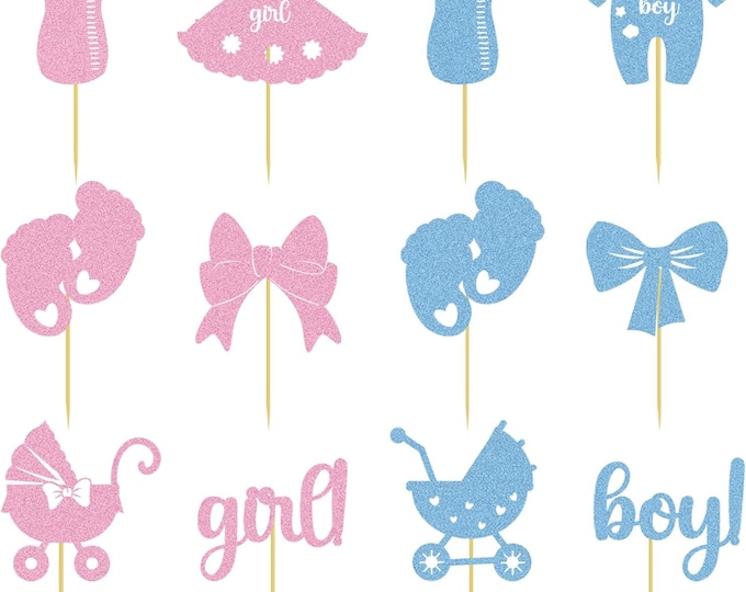 Gender Reveal Cupcake Toppers 24PCS Baby Shower Cake Decor Set