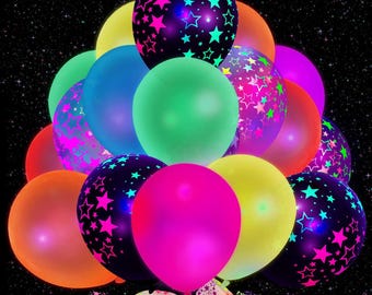 62 Neon Star Latex Balloons Decor UV Reactive in Blacklight for Birthday Party Decorations
