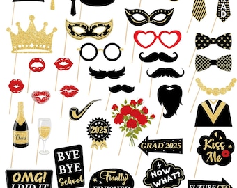 36pcs Graduation 2025 Photo Booth Props – Black & Gold Grad Party Decorations