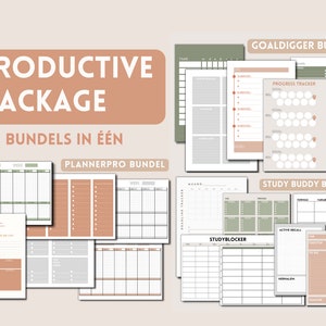 Op de afbeelding: Een verzameling afdrukbare plannerpagina's in verschillende ontwerpen. Het "Productive Package" bevat sjablonen voor dagelijkse, wekelijkse en doelplanning. De pagina's hebben een neutraal kleurenpalet met tinten groen, beige en bruin, en bevatten de tekst "Productive Package" en "Alle Bundels in Één".