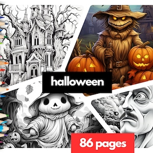 Halloween Grayscale Coloring Pages: 86 Pages, Light and Dark Versions, Instant Download, Grayscale Coloring Book, Printable PDF