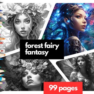 Forest Fairy Fantasy Women Grayscale Coloring Pages, 99 Pages, Instant Download, Adult Coloring Book, Dark & Light Versions, Printable PDF