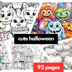 Cute Halloween Grayscale Coloring Book Instant Download 92 Pages Dark and Light Versions Included for Adults and Kids Printable PDF