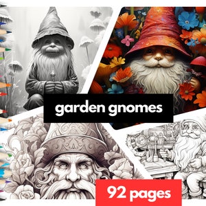 Enchanting Garden Gnomes Grayscale Coloring Pages, Instant Download, 92 Pages - Dark and Light Versions