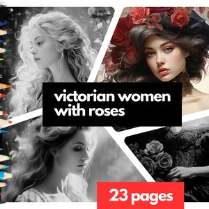 Victorian Women Portraits with Roses Grayscale Coloring Book, 23 pages, Light & Dark Versions, Instant Download Coloring Page, Printable PDF