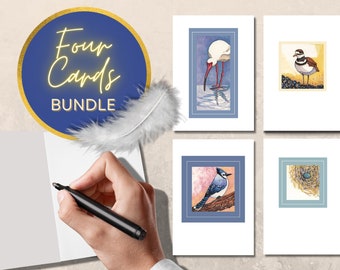 Set of Four Printable Notecards and Envelope - Birds Bundle - Hand Drawn Illustrations - Digital Download for Book Lovers & Birders