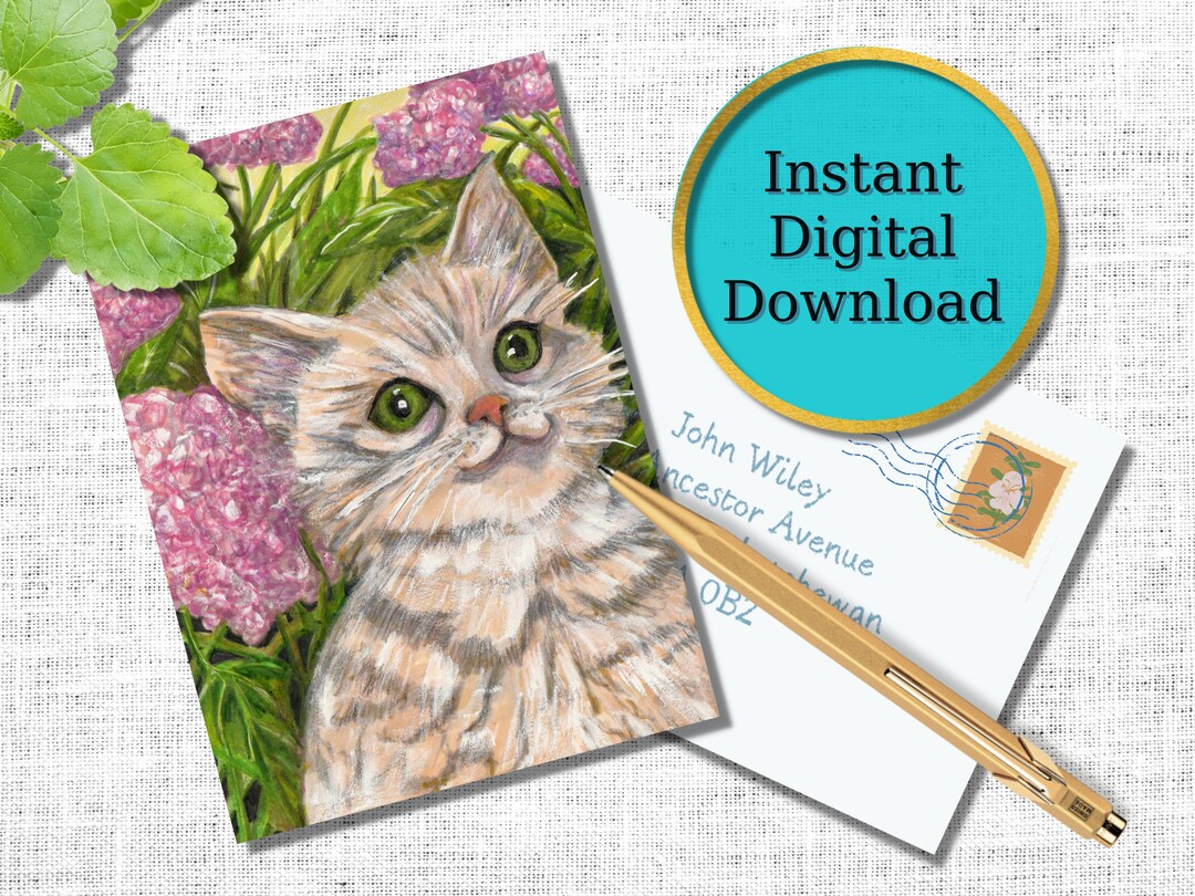 Printable Cute Kitten Card Cat With Hydrangea Blooms Hand Drawn Art Digital Download Blank Card