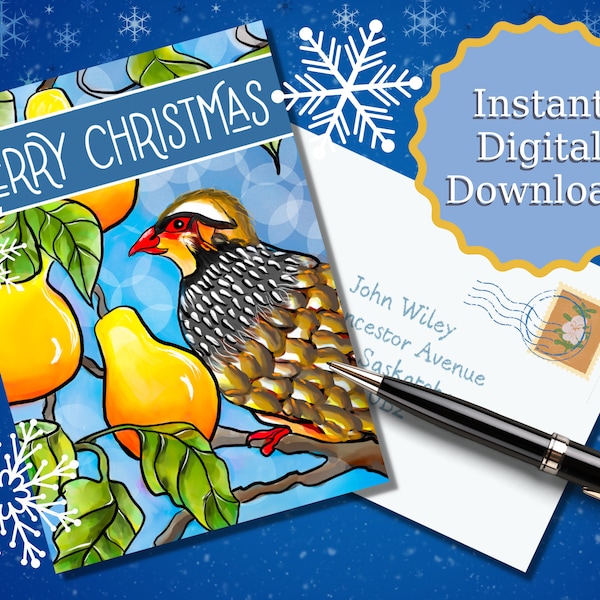 Instant Christmas Card - Partridge in a Pear Tree - Illustrated Printable Xmas Card for Book Lovers and Bird Lovers - Digital Download