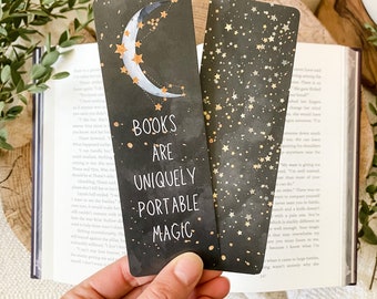 Moon and Stars Bookmark, Celestial Bookmark. Bookish Quote, Reading Quotes, Books are Uniquely Portable Magic, Gift for Book Lover