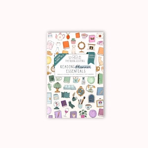 May include: A rectangular sticker sheet titled The Book Sisters Reading Planner Essentials with 2000 stickers. The white background features colorful illustrations of books, teapots, lamps, plants, furniture, and various cozy household items.