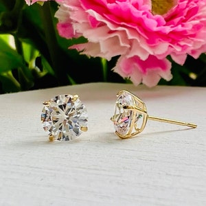 14k Solid Yellow Gold Round CZ Basket Set Stud Earrings - For Toddler Children Girls Teens Women Adults, Sleeper Stud, Screw Back Earrings
