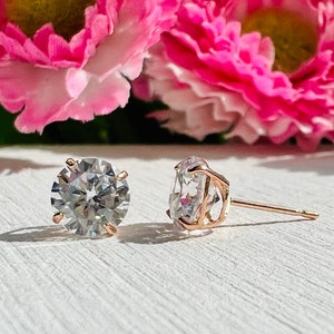 14k Solid Rose Gold Round CZ Basket Set Stud Earrings - Rose Gold Round Screwback and Pushback Stud Earrings, Everyday Earrings, Unisex