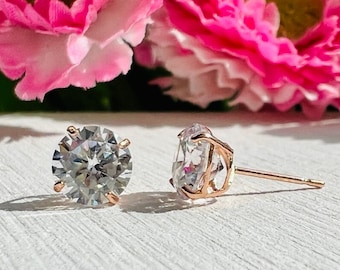14k Solid Rose Gold Round CZ Basket Set Stud Earrings - Rose Gold Round Screwback and Pushback Stud Earrings, Everyday Earrings, Unisex