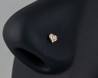 14k Solid Gold Heart Nose Bone, Heart Nose Piercing Ball End, Dainty Heart CZ Nose Ring Stud, Nose Piercing Jewelry, Thin Nose Stud Gold