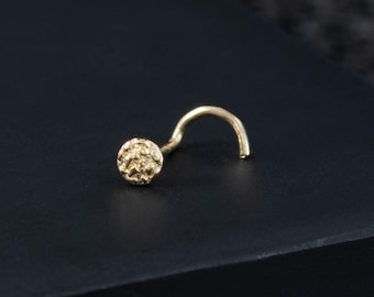 14k Solid Gold Hammered Disc Nose Stud Available in Nose Bone, L-Shaped & Corkscrew, Nugget Pierced Stud, Gift for Her