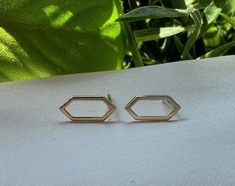 14k Solid Yellow Gold Dainty Hexagon Stud Earrings - Geometric Shapes Jewelry, Minimalist Ear Jackets, Gift for Her, Modern & Stylish