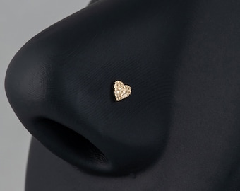 Solid 14K Gold Nugget Heart Circle Nose Ring Stud Ball End, Heart Nugget Nose Bone, Round Nugget Nose Piercing Gold Heart Nose Stud Jewelry