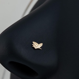 May include: A gold butterfly nose ring on a black display stand. The nose ring is a small, delicate piece of jewelry.