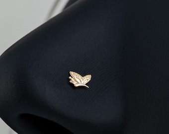Dainty Tiny Butterfly Pierced Nostril Stud, Sideway 14k Gold Butterfly Nose Ring for Women, Piercing Ball End Nose Stud, Gift for Her