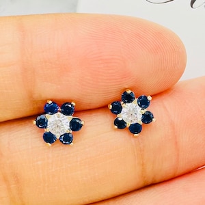 Blue Sapphire Flower Stud Earrings 14k Solid Yellow Gold, September Birthstone Studs Earring with Screw Back, Floral Earring Stud for Women