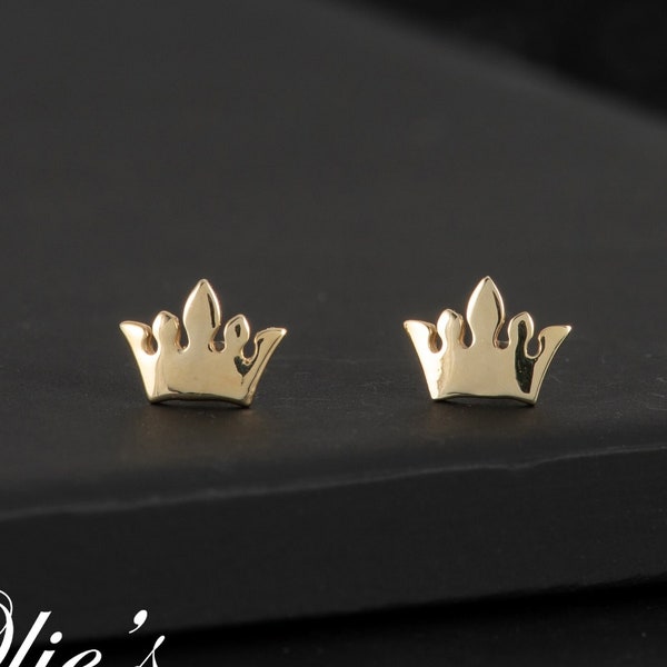14k Solid Yellow Gold Small Royal Crown Stud Earrings - Princess Tiara Earrings for Girls, Dainty Crown Jewelry, Birthday Gift For Her