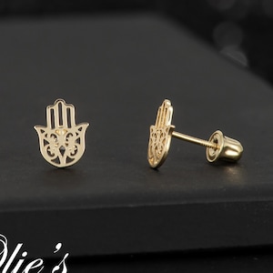 Hamsa 14k Solid Gold Stud Earrings, Filigree Hamsa Stud Earrings, Dainty Hamsa Earring Studs, Hamsa Hand Earrings, Screwback or Pushback