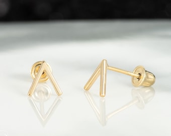14k Solid Yellow Gold Triangle Stud Earrings: Geometric V Shape, Geometrical Statement Women's Jewelry