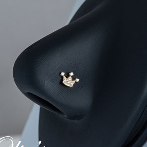 Dainty 14k Gold Crown Nose Stud: CZ Tiara Nostril Piercing 22g, Royal Crown Pierced Nose Stud for Women
