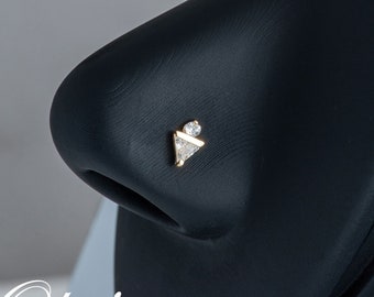 14k Gold Triangle Nose Stud with Ball End, Nose Bone with Gem Drop Piercing, Unique Pierced Nose Stud