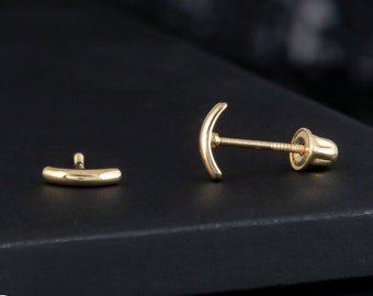 14k Solid Yellow Gold Dainty Plain Curved Bar Stud Earrings - Bar Post Minimalist Stud Earrings, Jewelry for Mom, Anniversary Gift for Her