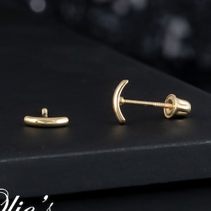 14k Solid Yellow Gold Dainty Plain Curved Bar Stud Earrings - Bar Post Minimalist Stud Earrings, Jewelry for Mom, Anniversary Gift for Her