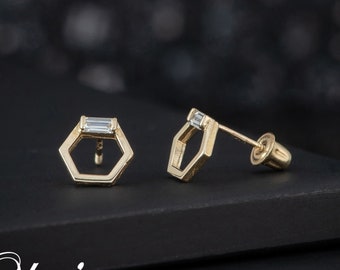 Gold Hexagon Stud Earirngs, Geometric Honeycomb Design, Minimalist Everyday Jewelry Wear, Baguette Cz Screw Back Stud