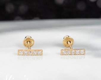 14k Solid Gold Dainty Bar Stud Earrings with CZ, Vertical Bar Earrings, Minimalist Gold Bar Earrings, Cartilage Helix Bar Stud Gift for Her