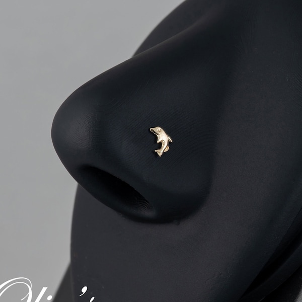 14K Gold Dolphin Nose Ring Bone, Nose Stud Piercing Jewelry, Sealife Jewelry Nose Stud, Dolphin Nostril Stud, Sea Animal Nose Piercing Nose