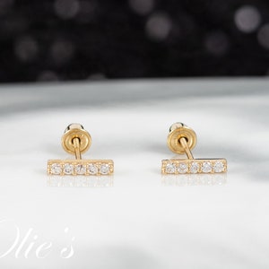 14k Solid Gold Dainty Bar Stud Earrings with CZ, Vertical Bar Earrings, Minimalist Gold Bar Earrings, Cartilage Earrings, Helix Bar Earring