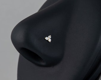 14k Gold Tiny Triangle Gold Nose Stud Ball End, Trendy Trinity Nose Ring, Dainty Minimalist Nose Piercing, Body Jewelry 3 Stones Nose Bone
