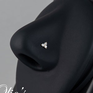 May include: A gold nose ring with three small clear stones set in a triangular shape.