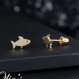 14k Solid Yellow Gold Shark Stud Earrings - Sea Life, Ocean Shark Earrings for Girls Women, Children's Sea Animal Jewelry, Gift for Kids