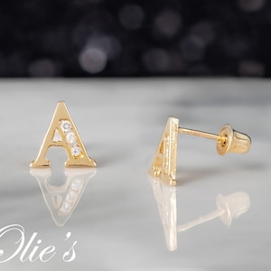 14k Solid Yellow Gold Alphabet Stud Earrings - Minimal CZ Stud Initial Letters Earring, Best Mom Gift, Mix & Match Kids Initial Earrings A-Z