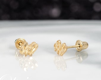 14k Solid Yellow Gold Nugget Stud Earrings - Diamond Cut Gold Nugget, Modern Earrings for Men Women, Everyday Earrings, Perfect Gift