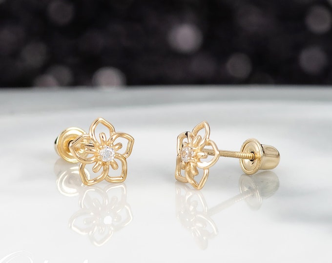 14k Solid Yellow Gold Flower Stud Earrings With CZ - Minimalist Floral ...