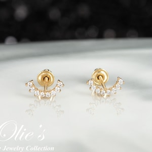 14k Solid Yellow Gold Ear Climber Stud Earrings with CZ - Dainty Ear Crawler, Cluster Earrings Pierced, Jewelry Gift For Mom