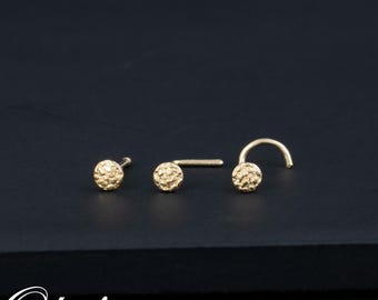 14k Solid Gold Hammered Disc Nose Stud Available in Nose Bone, L-Shaped & Corkscrew, Nugget Pierced Stud, Gift for Her