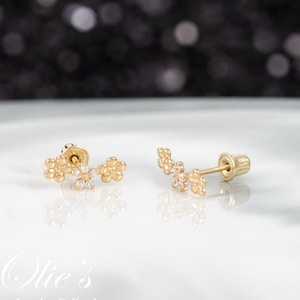 14k Solid Yellow Gold Flower Ear Crawler Stud Earrings with CZ - Ear Climber for Brides, Floral Wedding Jewelry, Dainty Earrings for Women